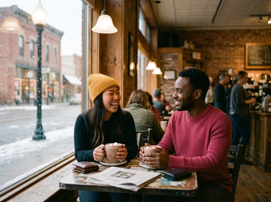 Two friends sharing cocoa at a cozy café