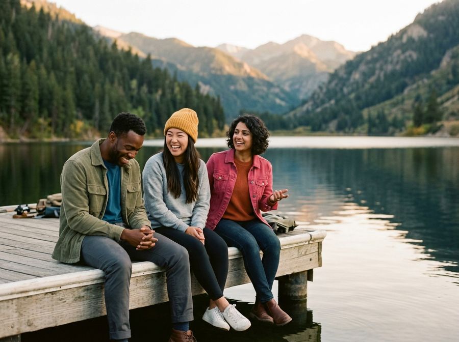 Three friends laughing on a dock at First Dam at sunset